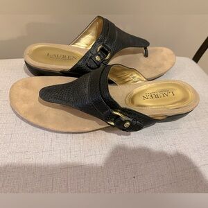 Lauren KENDRA Sandals Genuine Leather, Black with Gold Accents, size 9
